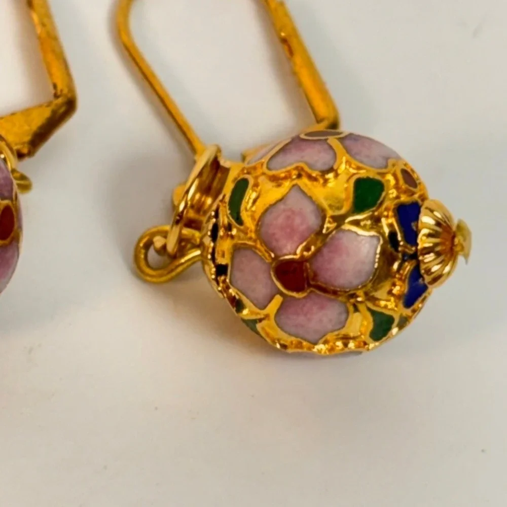 Vintage Cloisonne Dangle Earrings Gold Floral Enamel Glass Bead Boho Chic